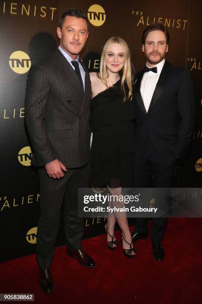 Luke Evans, Dakota Fanning and Daniel Bruhl attend New York Premiere of TNT's "The Alienist" on January 16, 2018 in New York City.