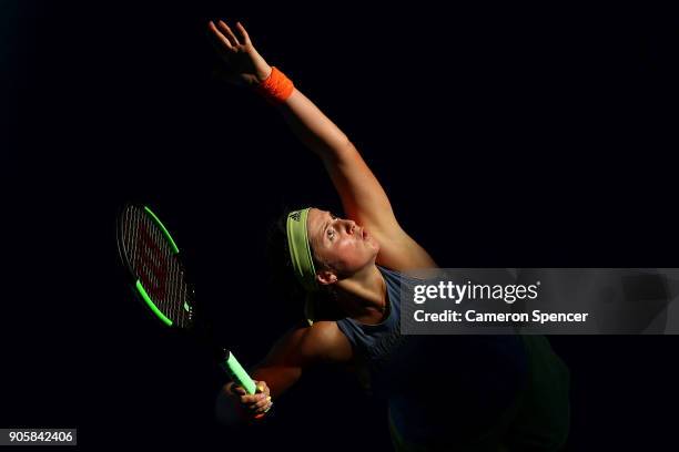 Jelena Ostapenko of Latvia serves in her second round match against Ying-Ying Duan of China on day three of the 2018 Australian Open at Melbourne...