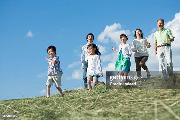 multi-generational family runnning on grass - 家族　日本人　走る ストックフォトと画像