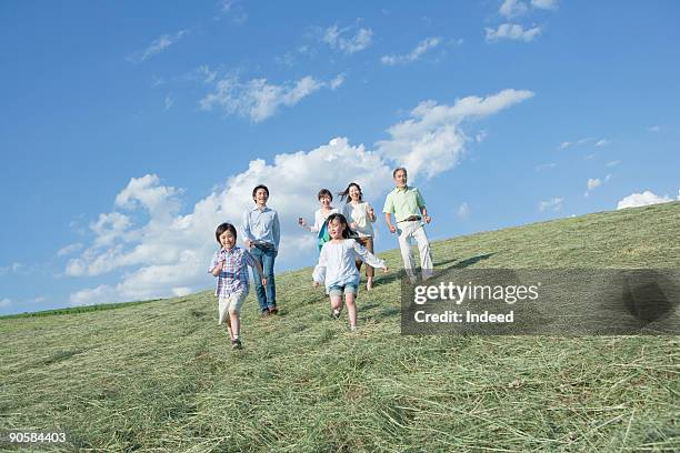 multi-generational family walking on grass - 家族　日本人　走る ストックフォトと画像