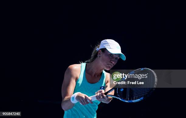 Denisa Allertova of the Czech Republic plays a backhand in her second round match against Shuai Zhang of China on day three of the 2018 Australian...