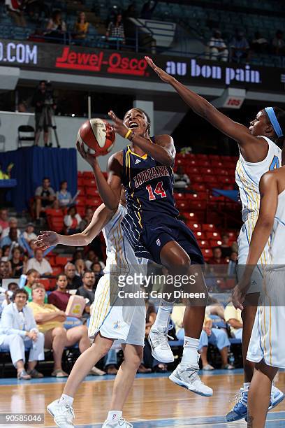 Eshaya Murphy of the Indiana Fever shoots a layup against Erin Thorn and Shyra Ely of the Chicago Sky during the WNBA game on September 10, 2009 at...