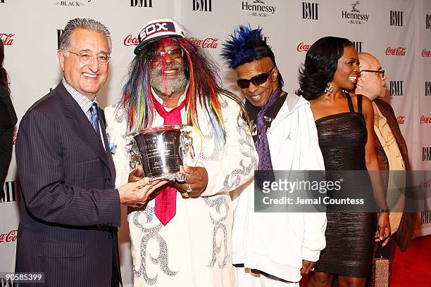 President and CEO of BMI Del Bryant, George Clinton, winner of the BMI Icon Award, Sly Stone, and Catherine Brewton, Vice President, Writer/Publisher...