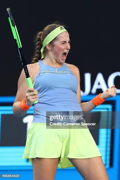 Jelena Ostapenko of Latvia celebrates winning her match against Ying-Ying Duan of China on day three of the 2018 Australian Open at Melbourne Park on...