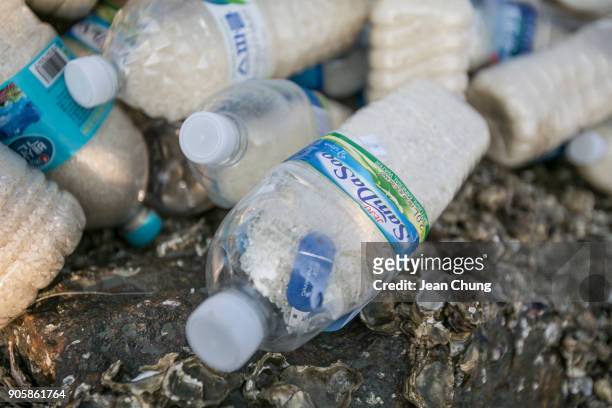 Bottles with rice and a USB drive are shown on an island near the DMZ on January 17, 2018 in Incheon, South Korea. The human rights group organised...