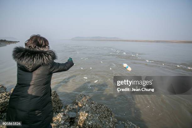 Activists throw PET bottles on an island near the DMZ on January 17, 2018 in Incheon, South Korea. The human rights group organised by North Korean...