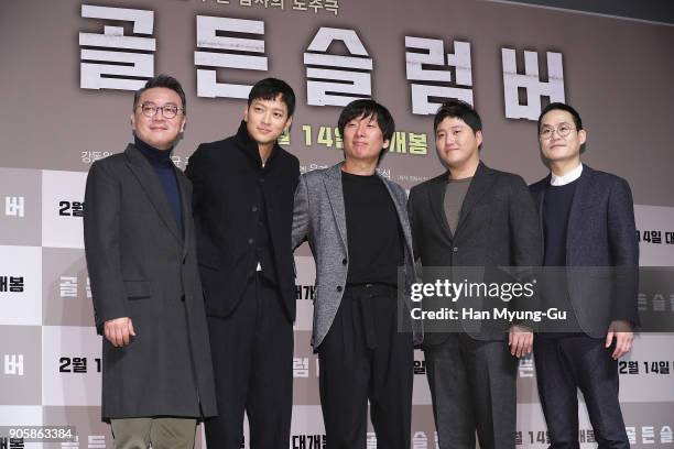 South Korean actors Kim Eui-Sung, Gang Dong-Won, director Roh Dong-Seok, Kim Dae-Myung and Kim Sung-Kyun attend the press conference for 'Golden...