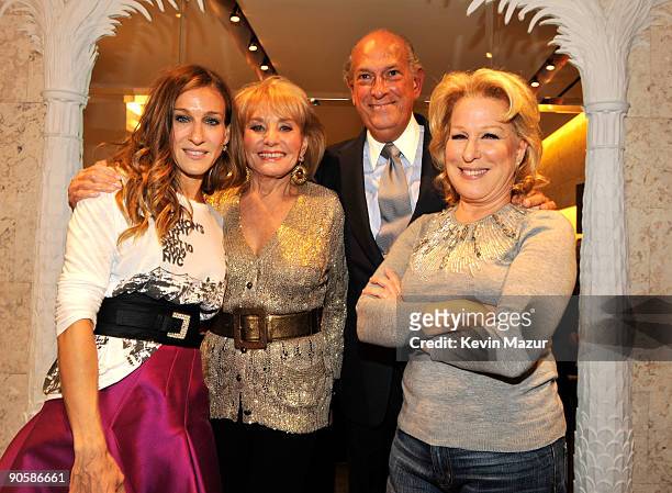 Sarah Jessica Parker, Barbara Walters, Oscar de la Renta and Bette Midler attend the Oscar de la Renta Fashion's Night Out party at the Oscar de la...