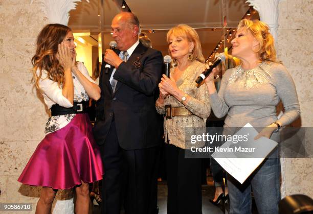 Sarah Jessica Parker, Barbara Walters, Oscar de la Renta and Bette Midler attend the Oscar de la Renta Fashion's Night Out party at the Oscar de la...