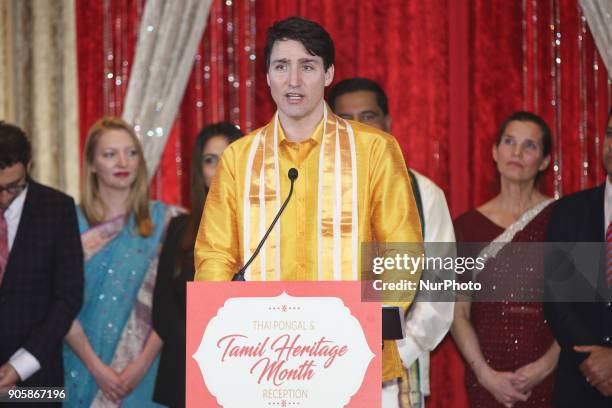 Canadian Prime Minister Justin Trudeau speaks during the Federal Liberal Caucus Thai Pongal and Tamil Heritage Month Reception held in Scarborough,...