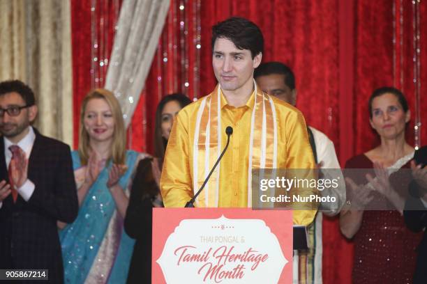 Canadian Prime Minister Justin Trudeau speaks during the Federal Liberal Caucus Thai Pongal and Tamil Heritage Month Reception held in Scarborough,...