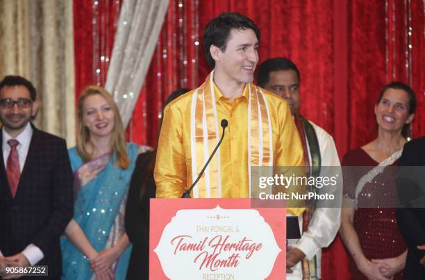 Canadian Prime Minister Justin Trudeau speaks during the Federal Liberal Caucus Thai Pongal and Tamil Heritage Month Reception held in Scarborough,...