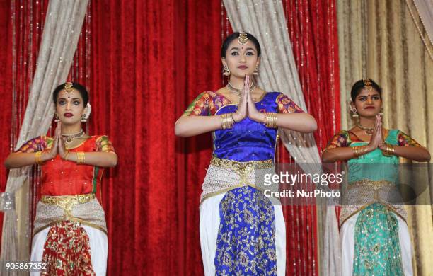 Tamil Bharatnatyam dancers perform during the Federal Liberal Caucus Thai Pongal and Tamil Heritage Month Reception held in Scarborough, Ontario,...