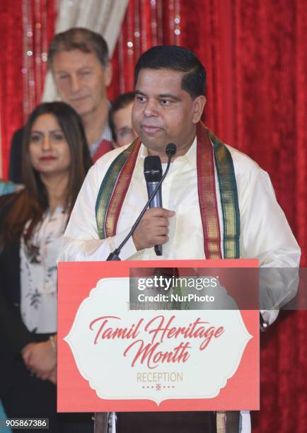 Member of Parliament Gary Anandasangaree delivers a speech during the Federal Liberal Caucus Thai Pongal and Tamil Heritage Month Reception held in...