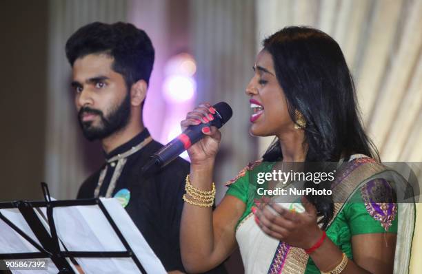 Tamil woman sings a traditional song during the Federal Liberal Caucus Thai Pongal and Tamil Heritage Month Reception held in Scarborough, Ontario,...