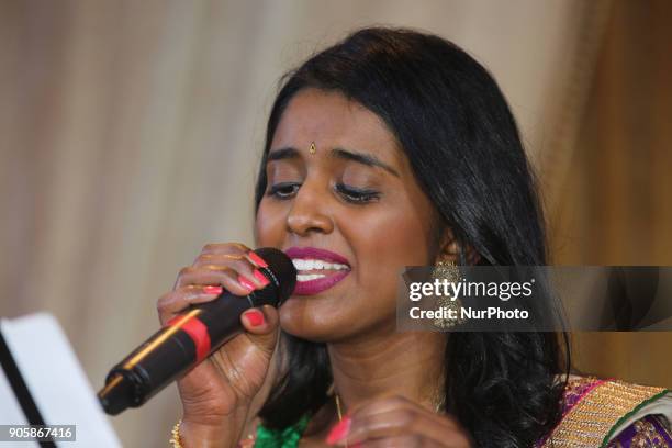 Tamil woman sings a traditional song during the Federal Liberal Caucus Thai Pongal and Tamil Heritage Month Reception held in Scarborough, Ontario,...