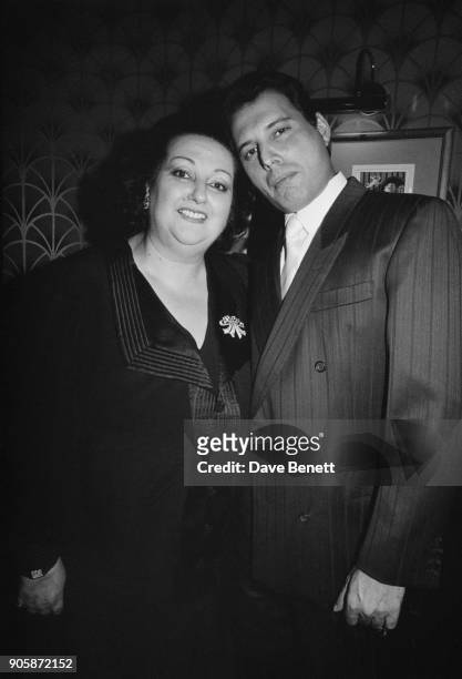 Spanish soprano Montserrat Caballe with singer Freddie Mercury of British rock group Queen, December 1988. The previous year they had performed as a...