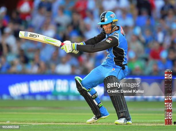 Alex Carey of the Adelaide Strikers bats during the Big Bash League match between the Adelaide Strikers and the Hobart Hurricanes at Adelaide Oval on...