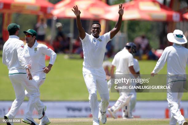 South African bowler Lungi Ngidi celebrates the dismissal of Indian batsman Hardik Pandya during the fifth day of the second Test cricket match...