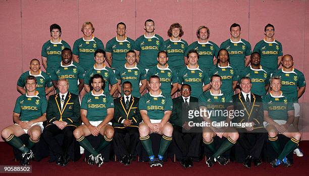 The South Africa rugby team pose during the Springboks team photo session at the Kings Gate Hotel on September 11, 2009 in Hamilton, New Zealand.