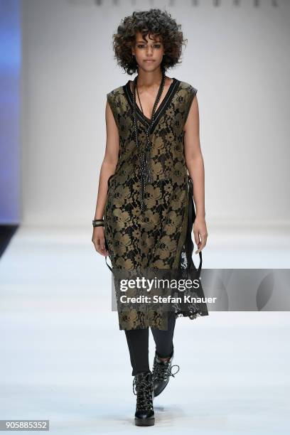 Model walks the runway at the Sportalm show during the MBFW Berlin January 2018 at ewerk on January 17, 2018 in Berlin, Germany.