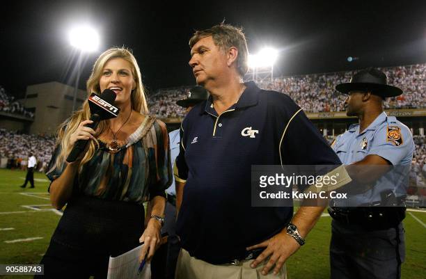 Sportscaster Erin Andrews interviews head coach Paul Johnson of the Georgia Tech Yellow Jackets after their 30-27 over the Clemson Tigers at Bobby...