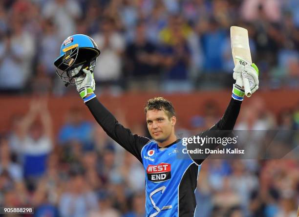 Alex Carey of the Adelaide Strikers celebrates after reaching his century during the Big Bash League match between the Adelaide Strikers and the...