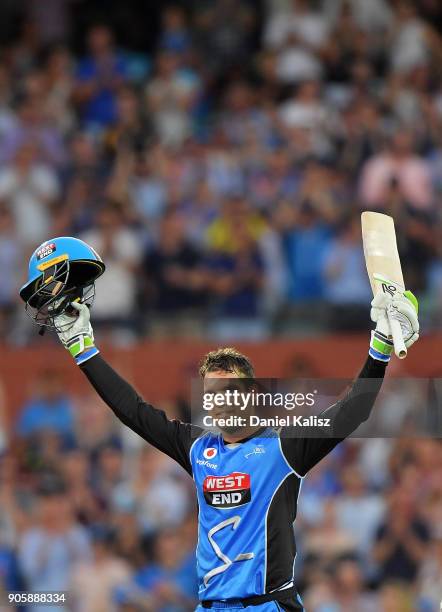 Alex Carey of the Adelaide Strikers celebrates after reaching his century during the Big Bash League match between the Adelaide Strikers and the...