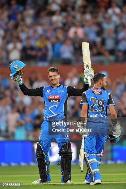 Alex Carey of the Adelaide Strikers celebrates after reaching his century during the Big Bash League match between the Adelaide Strikers and the...