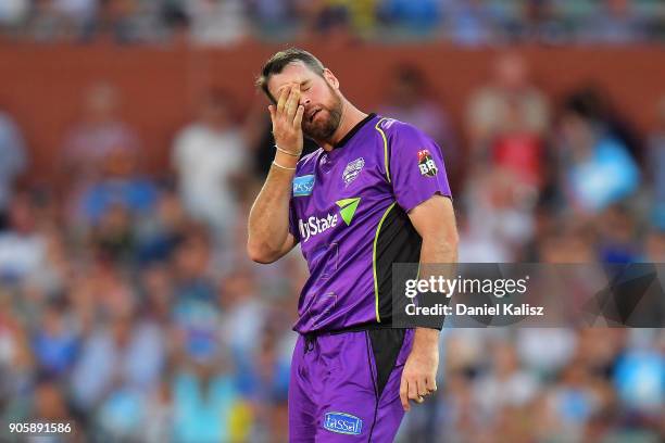 Dan Christian of the Hobart Hurricanes reacts during the Big Bash League match between the Adelaide Strikers and the Hobart Hurricanes at Adelaide...