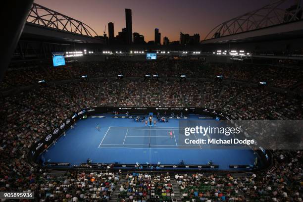 General view of Rod Laver Arena as Grigor Dimitrov of Bulgaria plays a forehand in his second round match against Mackenzie McDonald of the United...