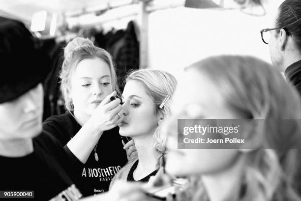 Models prepare backstage ahead of the Sportalm show during the MBFW January 2018 at ewerk on January 17, 2018 in Berlin, Germany.