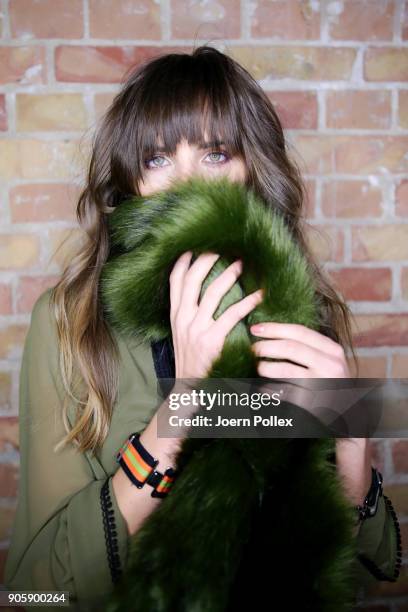 Model poses backstage ahead of the Sportalm show during the MBFW January 2018 at ewerk on January 17, 2018 in Berlin, Germany.