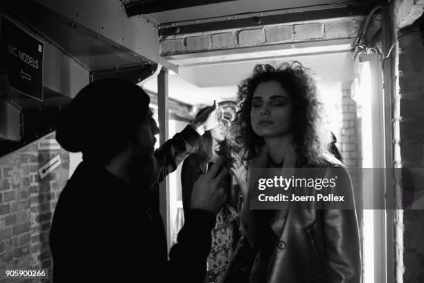 Models prepare backstage ahead of the Sportalm show during the MBFW January 2018 at ewerk on January 17, 2018 in Berlin, Germany.