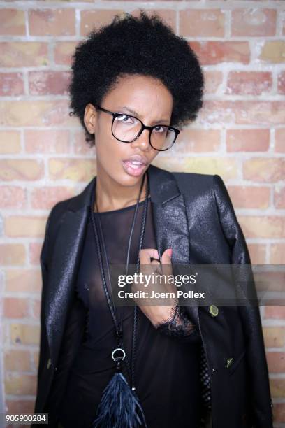 Model poses backstage ahead of the Sportalm show during the MBFW January 2018 at ewerk on January 17, 2018 in Berlin, Germany.