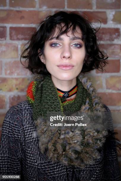 Model poses backstage ahead of the Sportalm show during the MBFW January 2018 at ewerk on January 17, 2018 in Berlin, Germany.
