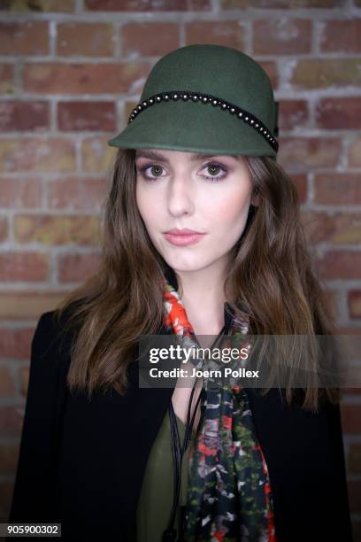 Model poses backstage ahead of the Sportalm show during the MBFW January 2018 at ewerk on January 17, 2018 in Berlin, Germany.