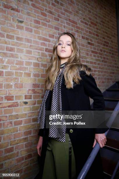 Model poses backstage ahead of the Sportalm show during the MBFW January 2018 at ewerk on January 17, 2018 in Berlin, Germany.