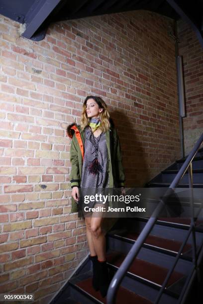 Model poses backstage ahead of the Sportalm show during the MBFW January 2018 at ewerk on January 17, 2018 in Berlin, Germany.
