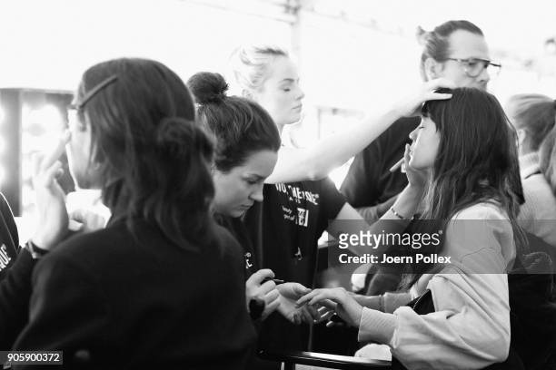 Models prepare backstage ahead of the Sportalm show during the MBFW January 2018 at ewerk on January 17, 2018 in Berlin, Germany.