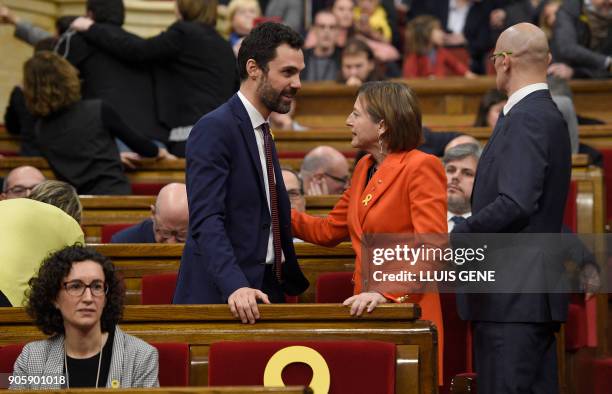 'Esquerra Republicana de Catalunya' - ERC member of parliament Roger Torrent greets former president of the Catalan parliament Carme Forcadell before...