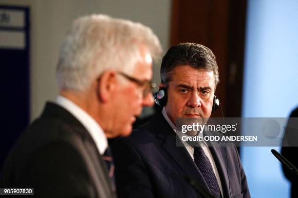 German Foreign Minister Sigmar Gabriel and his Polish counterpart Jacek Czaputowicz hold a joint press conference after a meeting in Berlin on...