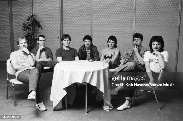 Bay City Rollers at press conference, March 1983, Tokyo, Japan. Leslie McKeown, Derek Longmuir, Alan Longmuir, Eric Faulkner, Stuart 'Woody' Wood,...