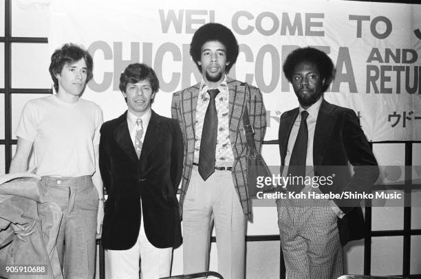 Chick Corea and Return To Forever at press conference, January 1973, Tokyo, Japan. Chick Corea, Stanley Clarke, Bill Connors, Lenny White.