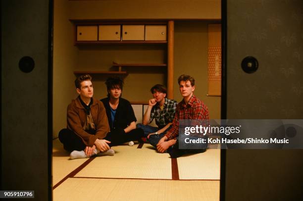 Echo And The Bunnymen taken in a Japanese-style room, January 1984, Kyoto, Japan. Ian McCulloch, William Sergeant, Leslie Pattinson, Pete de Freitas.