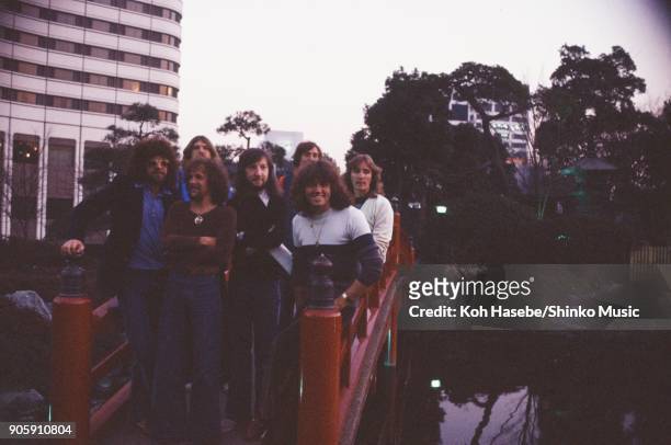 Electric Light Orchestra taken in the garden of Akasaka Prince Hotel, February 1978, Tokyo, Japan. Jeffr Lynne, Bev Bevan, Richard Tandy, Mik...
