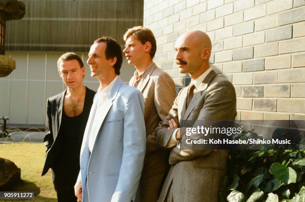 King Crimson at Hotel New Otani Garden, December 1981, Tokyo, Japan. Robert Fripp, Adrian Belew, Tony Levin, Bill Bruford.