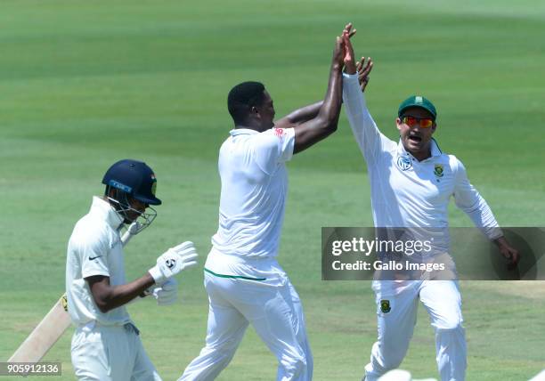 Lungi Ngidi of the Proteas celebrates the wicket of Hardik Pandya of India with Dean Elgar of the Proteas during day 5 of the 2nd Sunfoil Test match...