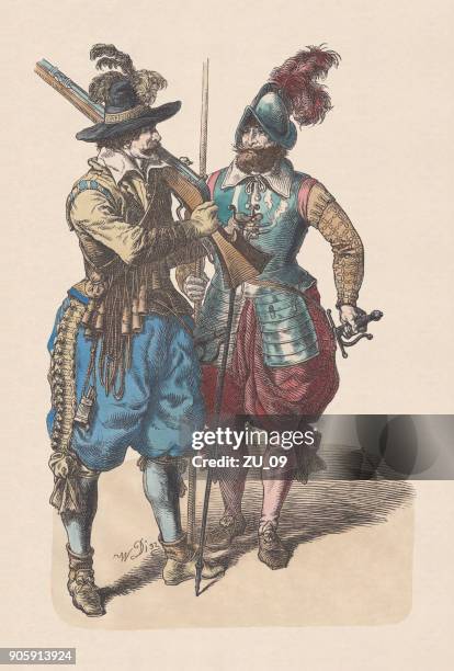 musketeer and pikeman, middle 17th century, hand-colored woodcut, published c.1880 - bloomers stock illustrations