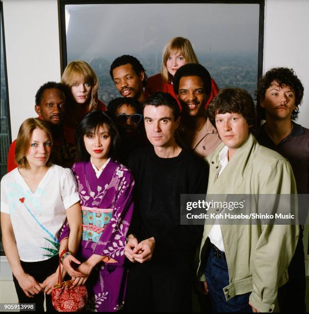 Talking Heads group portrait for Music Life magazine in a hotel room, April 1982, Tokyo, Japan. David Byrne, Tina Weymouth, Alex Weir, Jerry...